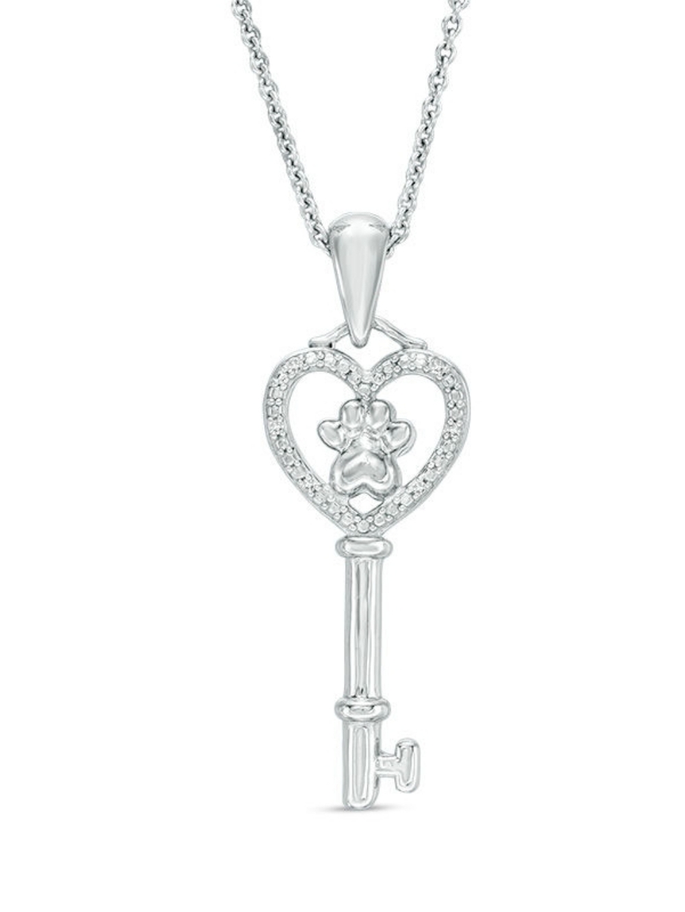 New Zales Diamond Pet Paw Print Heart-Top Key Pendant in Sterling Silver